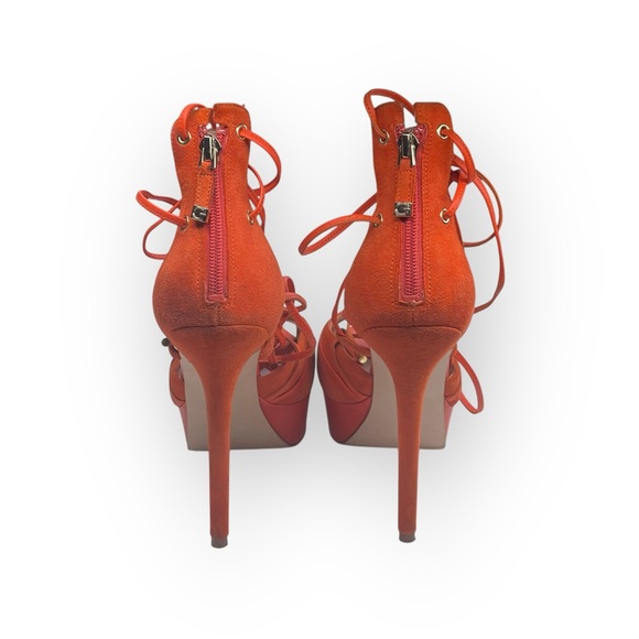 Guess ᯾ Raja Ankle Wrap Platform Stiletto Peep Toe Heels ᯾ Orange Suede ᯾ 8M - Picture 5 of 16